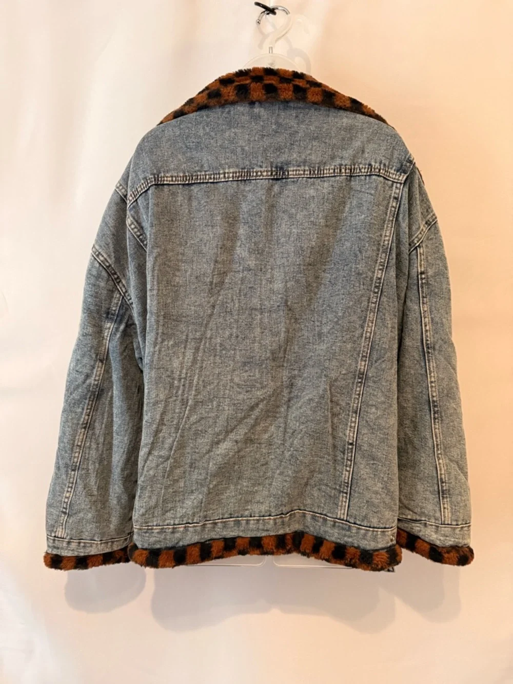 Denim Jacket with Checked Faux Fur Trim - Picture 3 of 5